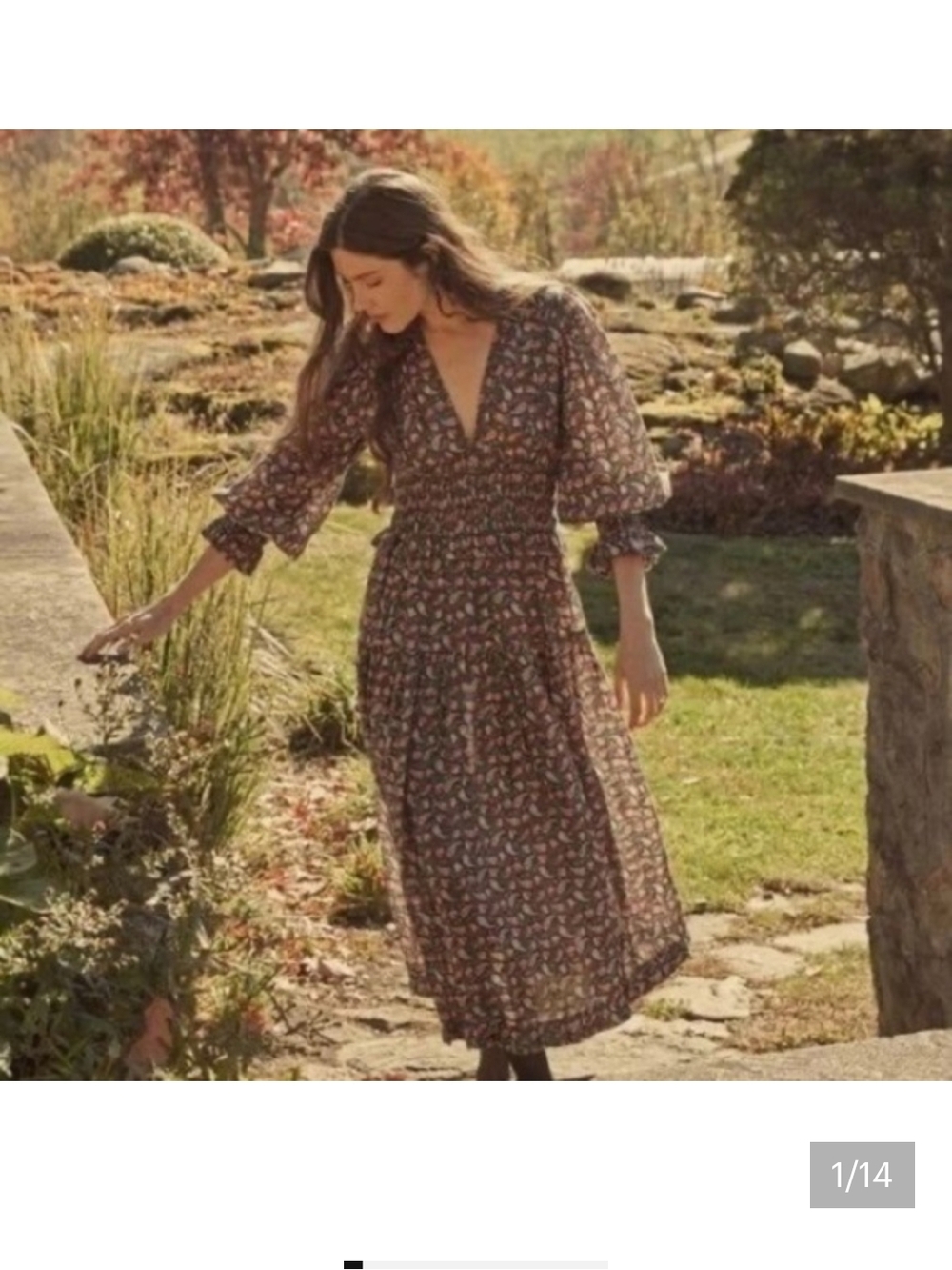 Doen Deep V Smocked Midi Dress in Brown and Pink Paisley - Picture 6 of 9